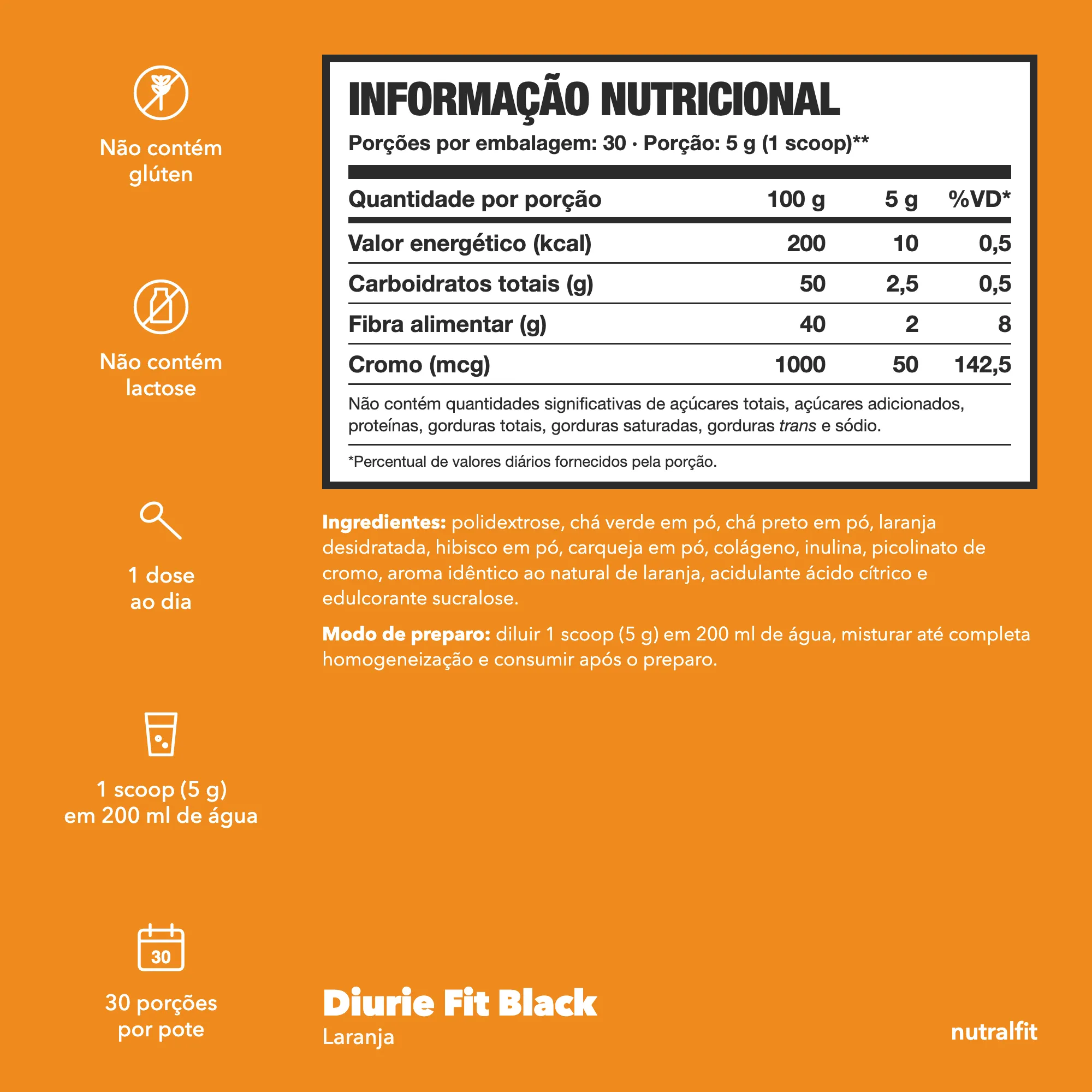 Informação nutricional do Diurie Fit Black laranja